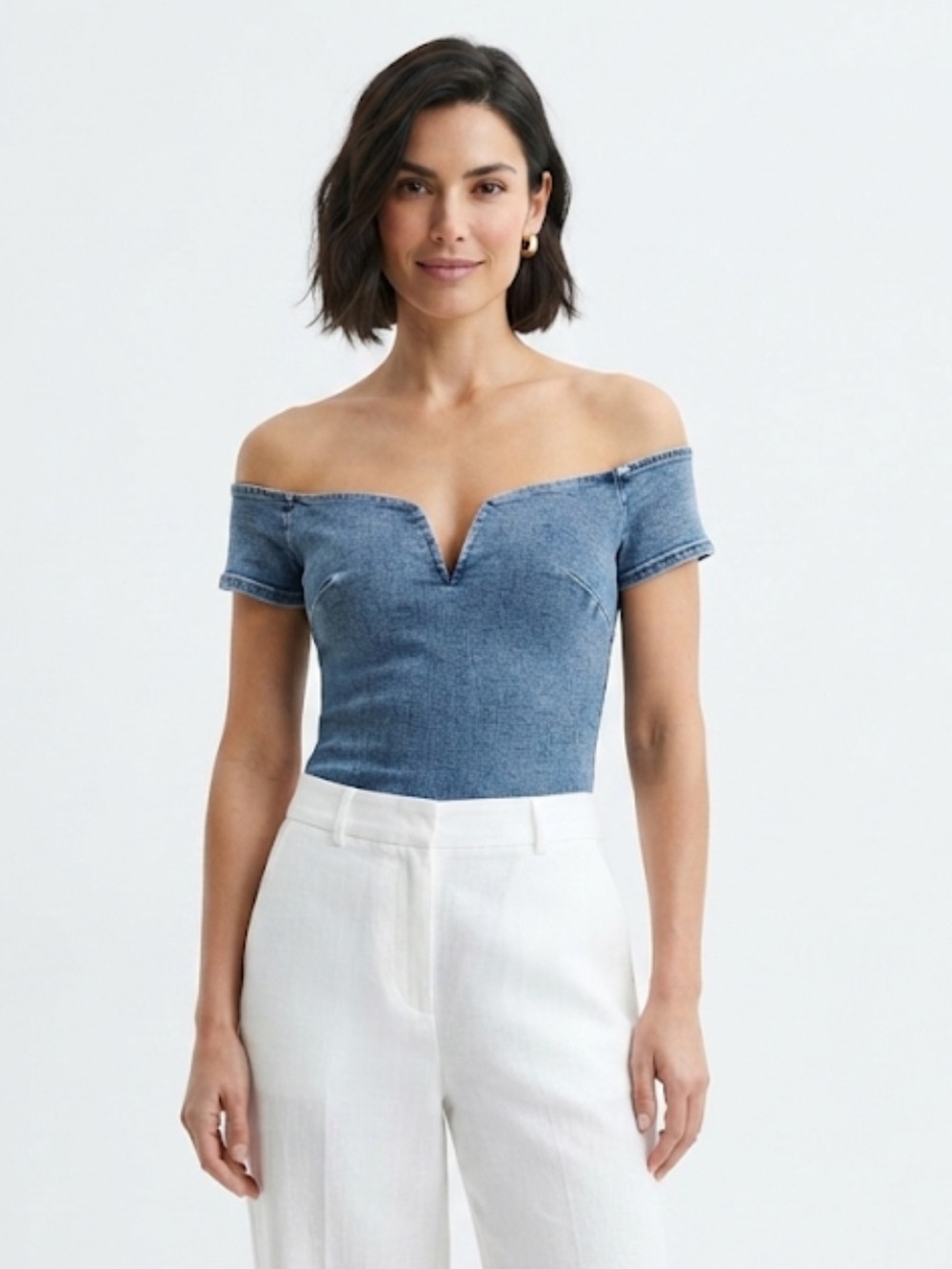 TRAC Blue Denim Off-the-Shoulder Sweetheart Bodysuit Size m